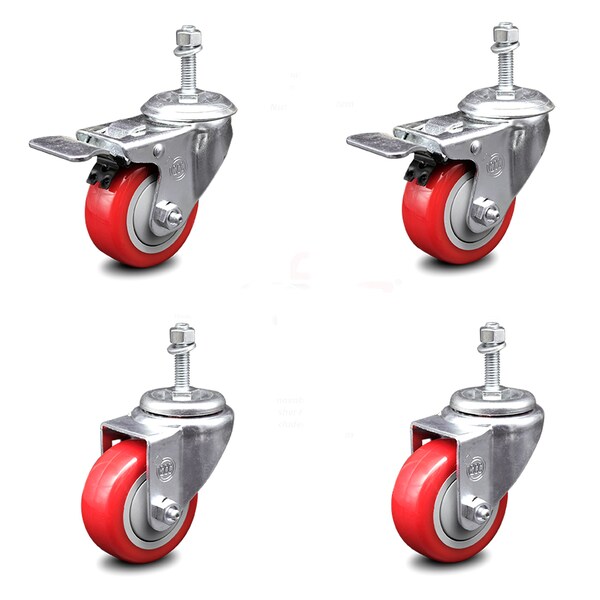 Service Caster 3 Inch Red Polyurethane Swivel 10mm Stem Caster Total Lock Brake SCC, 2PK SCC-TSTTL20S314-PPUB-RED-M1015-2-S-2 - main